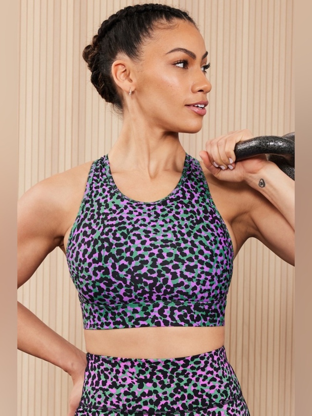 Fabletics On-The-Go Medium Impact Sports Bra- Grass Green Safari Spots / Black
